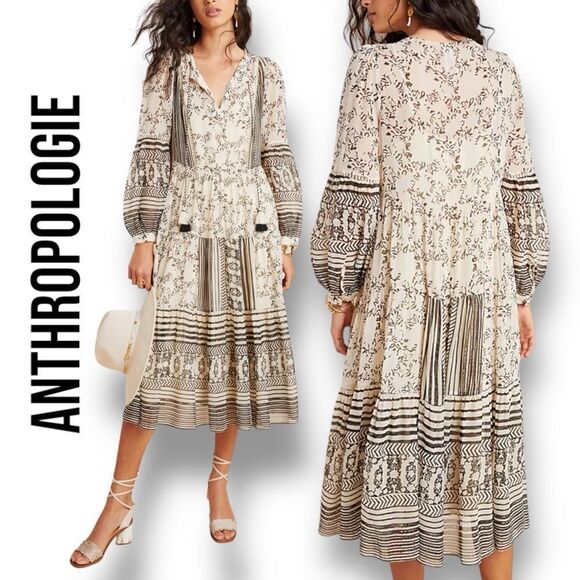 ANTHROPOLOGIE Women’s Talulah Tiered Midi Dress in the Size Small Neutral Motif - Picture 1 of 16